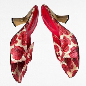 Beverly Feldman Vintage Rose Floral Print Front Tie Sandals Gold Heel Size 6